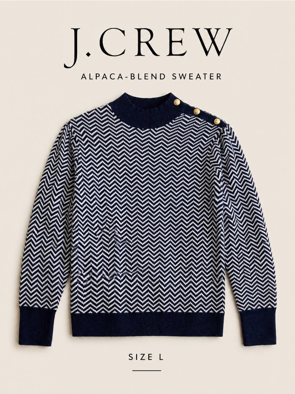 J. Crew Navy White Chevron Alpaca-Blend Crewneck Sweater w Gold Buttons - Large